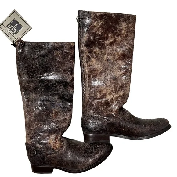 Frye Melissa Button Riding Boot Distressed Glazed Chocolate Brown 8.5 EU 39 BNWT